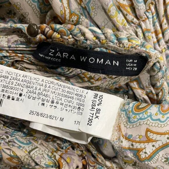 ZARA MINI DRESS TUNIC 100% SILK SMOCKED NECK HALTED PAISLEY ICONIC CHIC SZ M - Picture 2 of 16